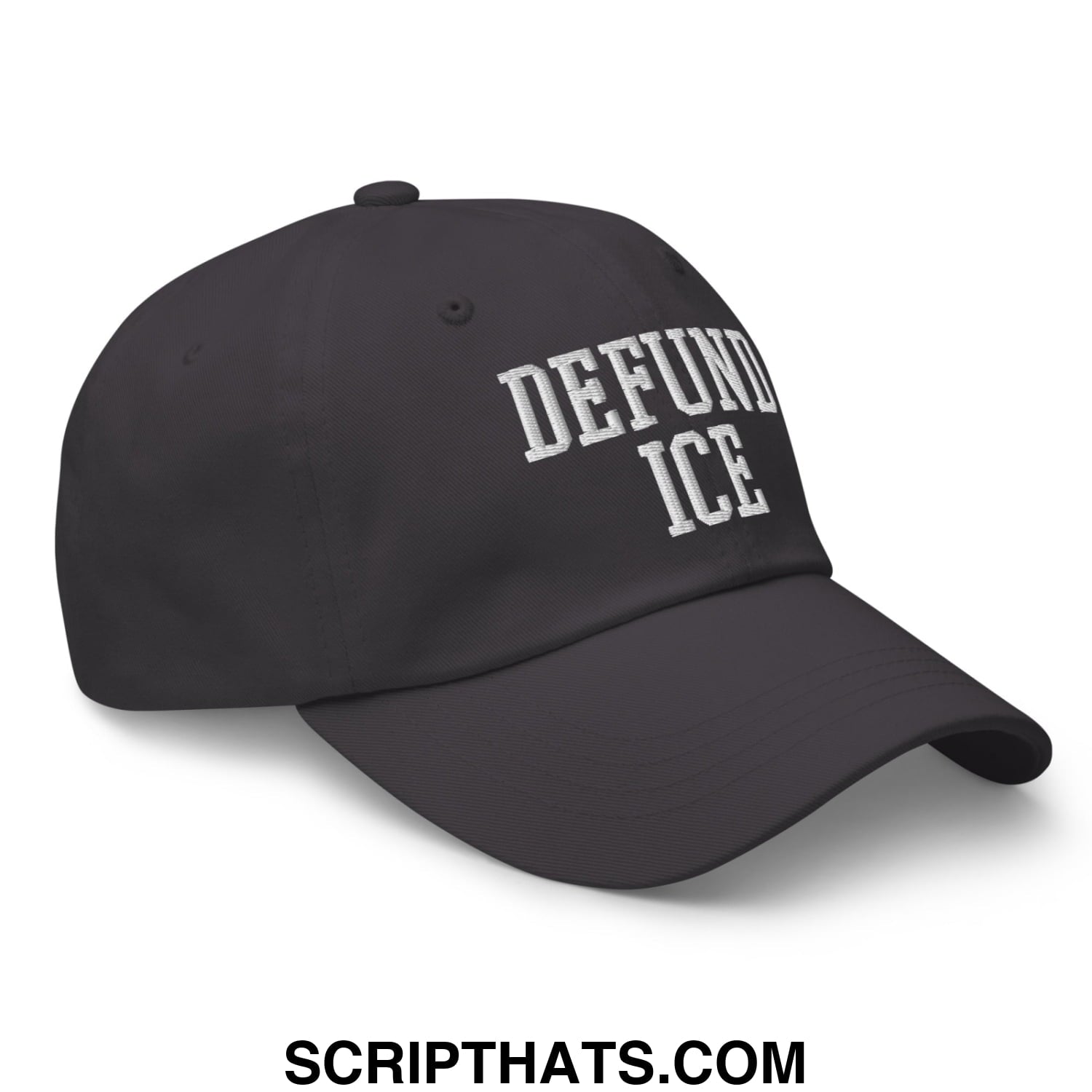 Black unstructured dad hat with white embroidered defund ice text for casual wear