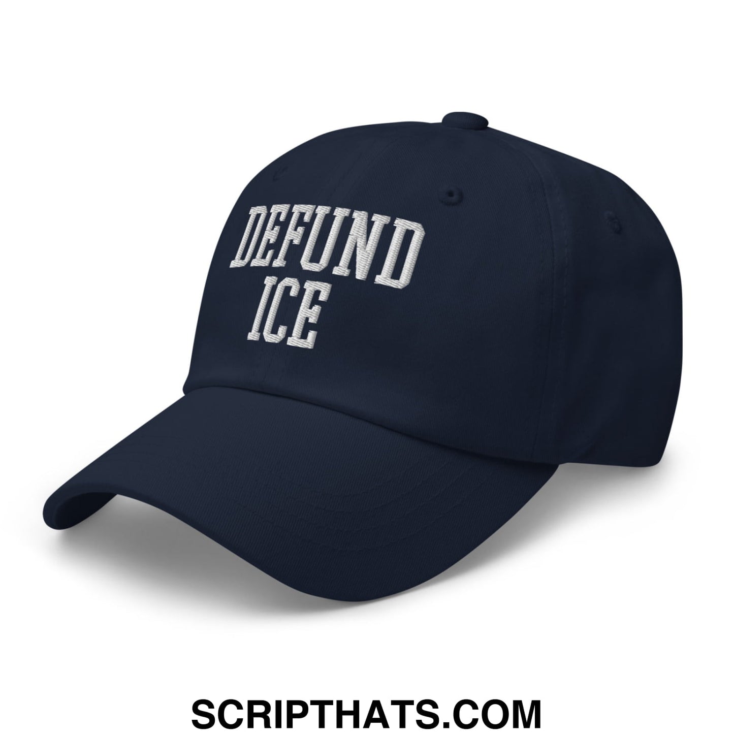 Navy blue unstructured dad hat with white embroidered defund ice text in a classic collegiate font