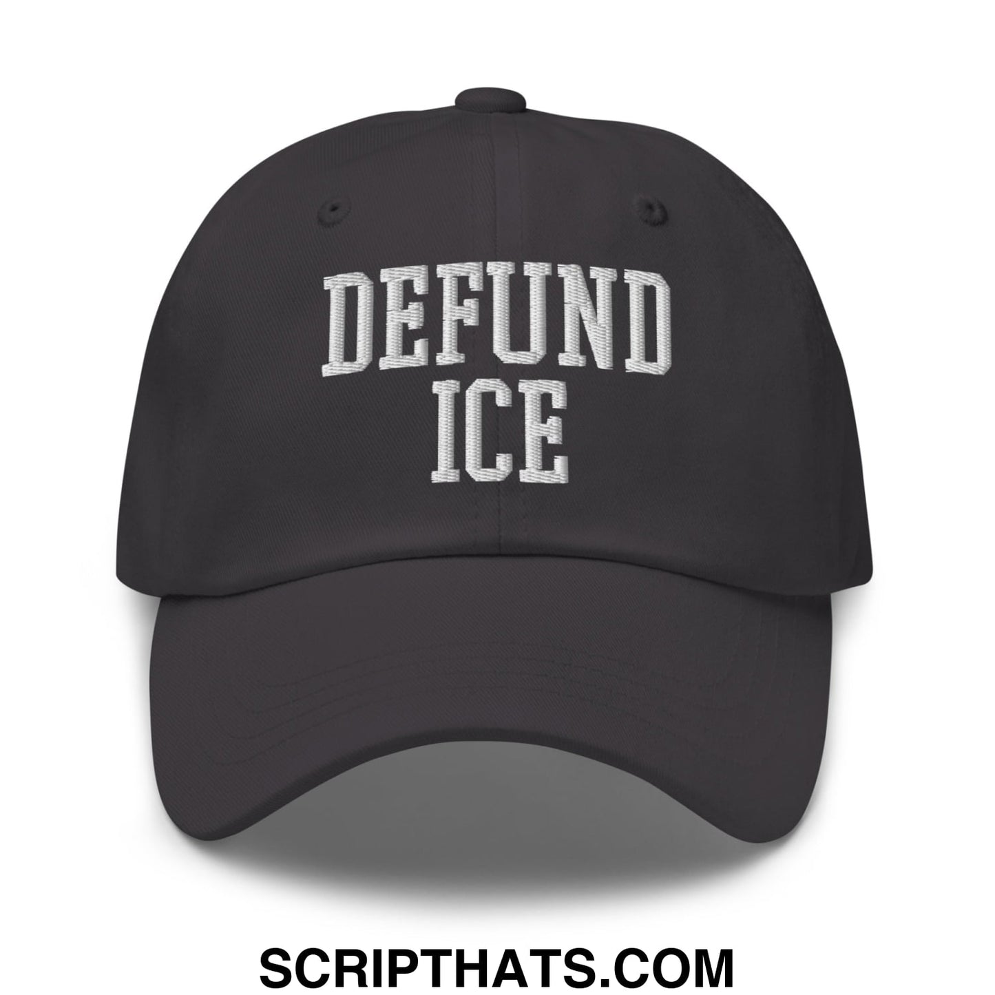 Black unstructured dad hat with white embroidered defund ice text in classic collegiate font