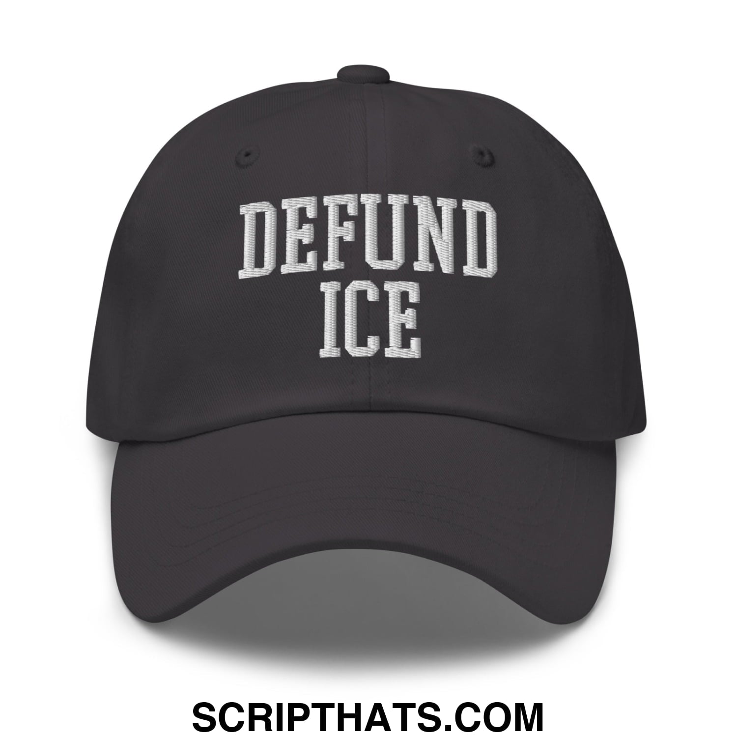 Black unstructured dad hat with white embroidered defund ice text in classic collegiate font