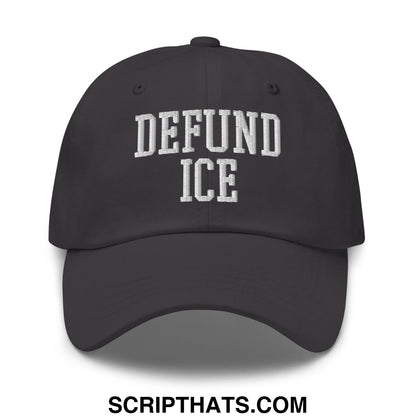 Black unstructured dad hat with white embroidered defund ice text in classic collegiate font