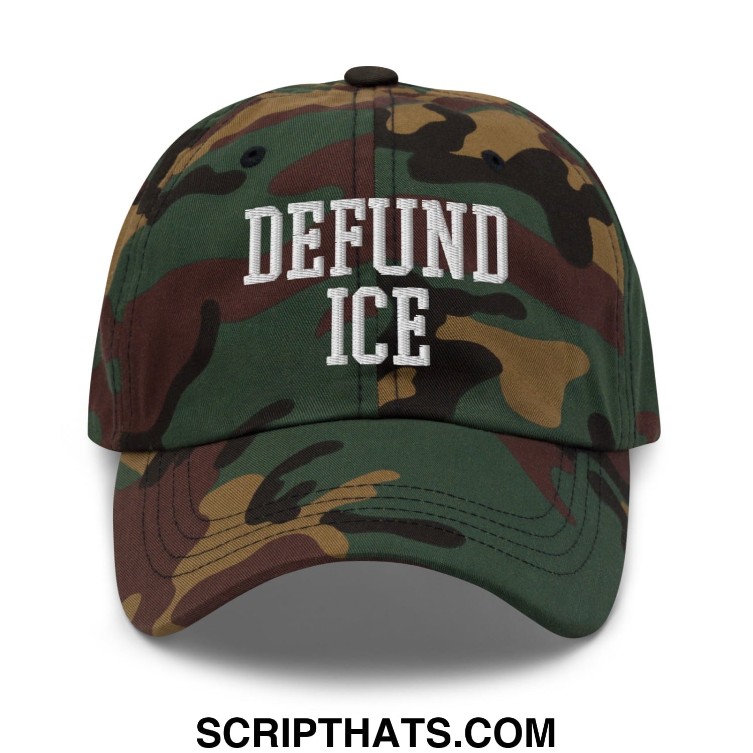 A camouflage unstructured dad hat with defund ice embroidered in white lettering on the front