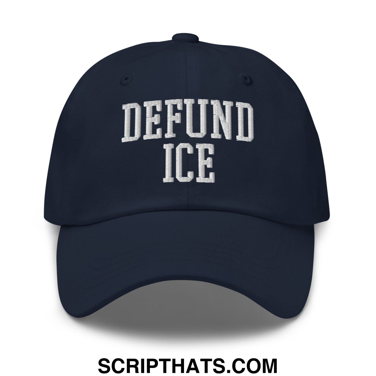 Navy blue unstructured dad hat with white embroidered defund ice text in classic collegiate font