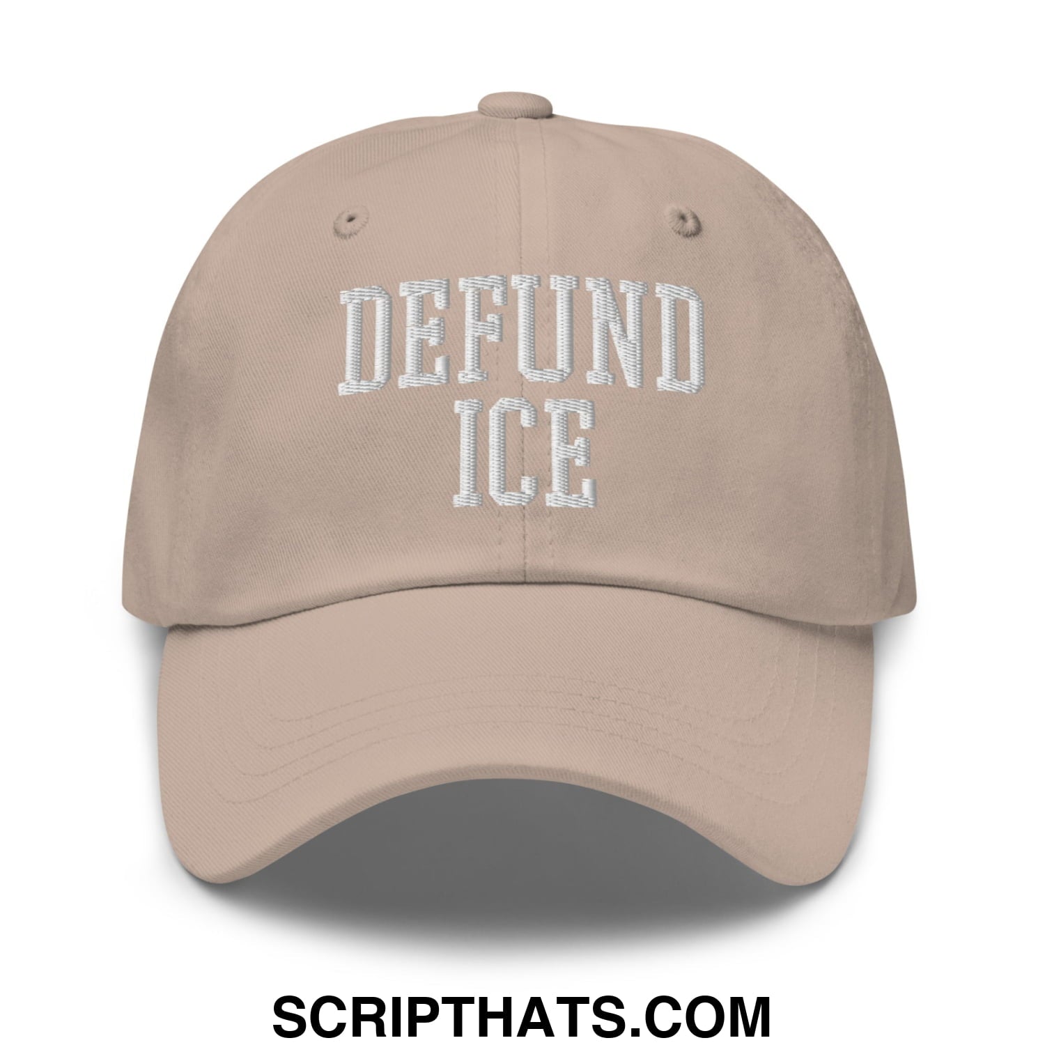 Beige unstructured dad hat with white embroidered defund ice text for casual wear