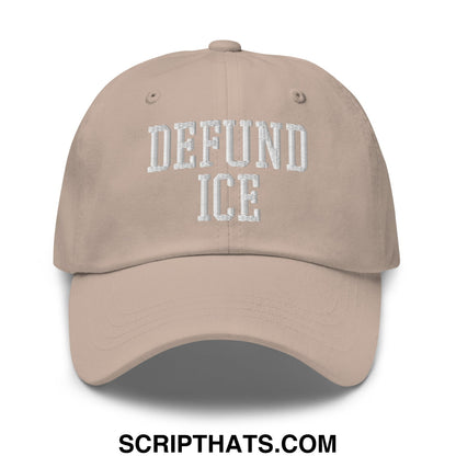 Beige unstructured dad hat with white embroidered defund ice text for casual wear