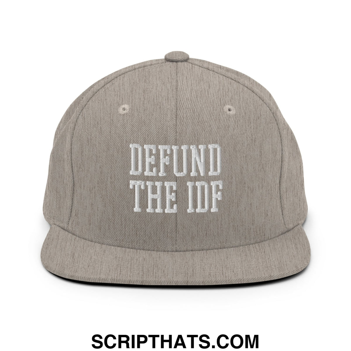Gray snapback hat with white embroidered defund the idf text and flat bill brim for casual wear