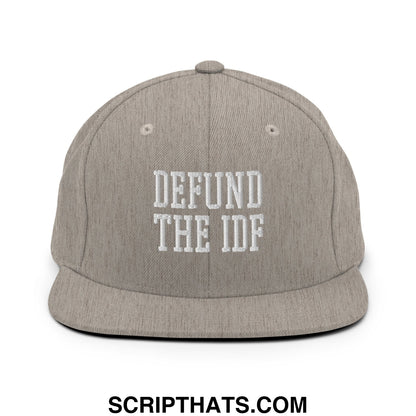 Gray snapback hat with white embroidered defund the idf text and flat bill brim for casual wear