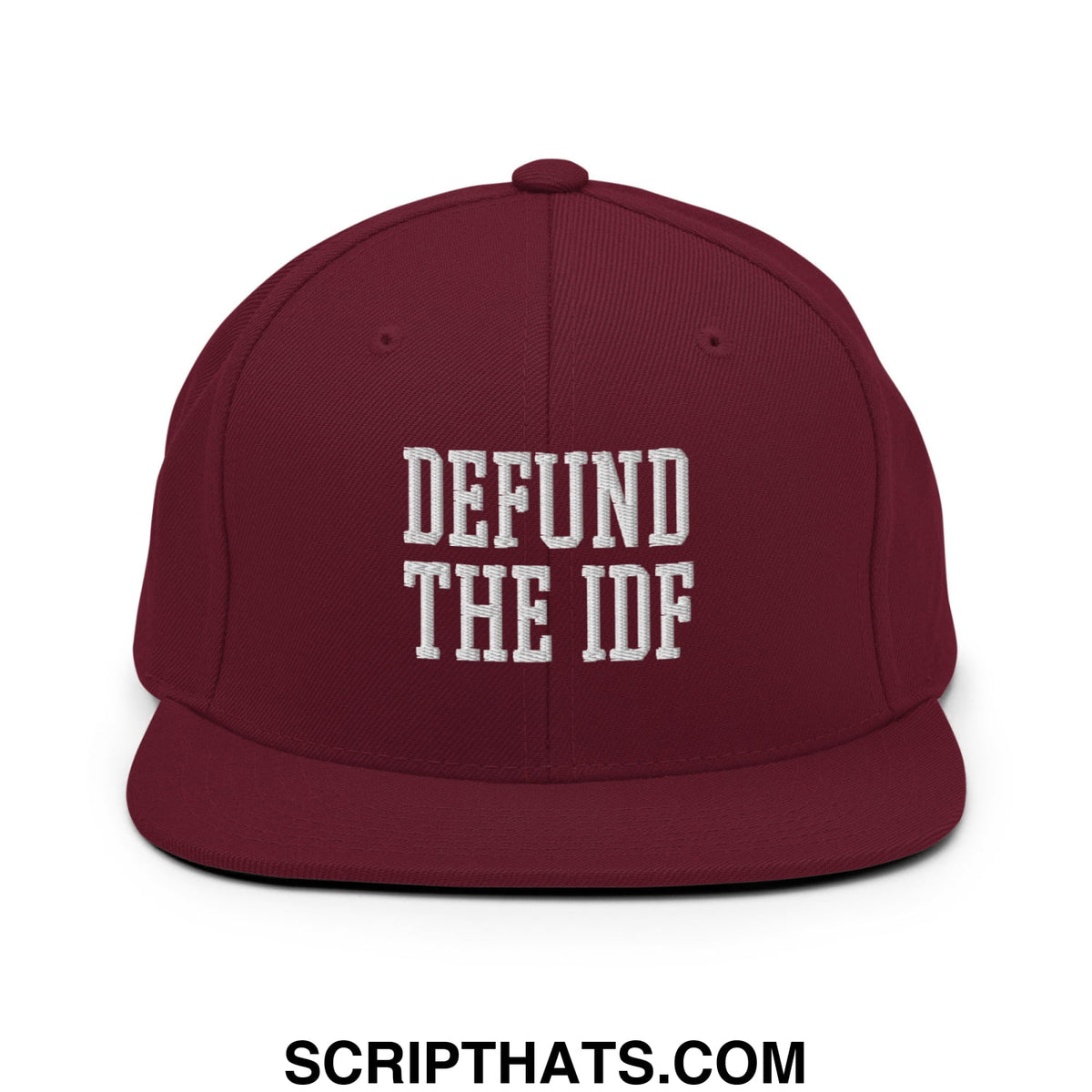 Maroon snapback cap with white embroidered defund the idf text and flat bill brim for casual wear