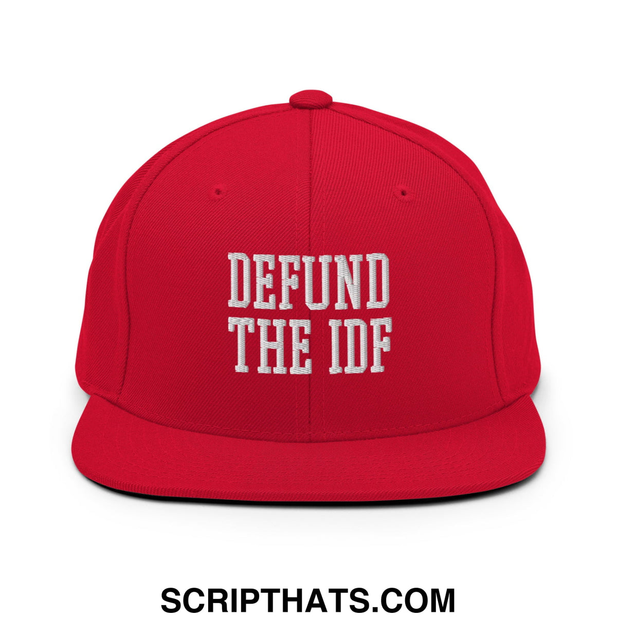 Red snapback cap with white embroidered defund the idf text and a flat bill brim for casual wear