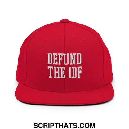 Red snapback cap with white embroidered defund the idf text and a flat bill brim for casual wear