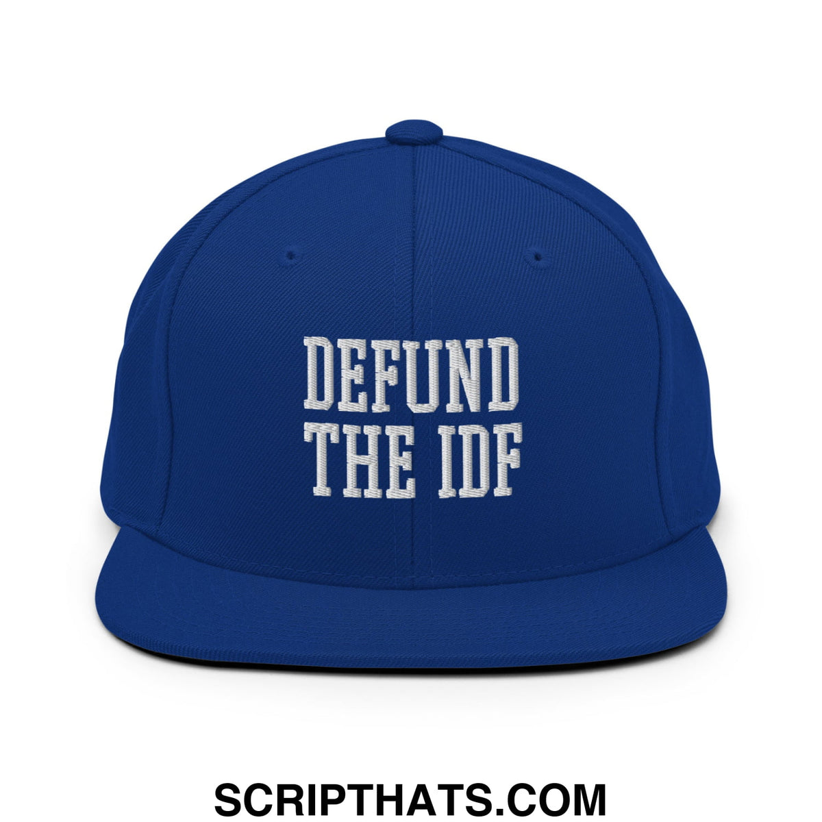Royal blue snapback hat with white embroidered defund the IDF text and flat bill brim for casual wear