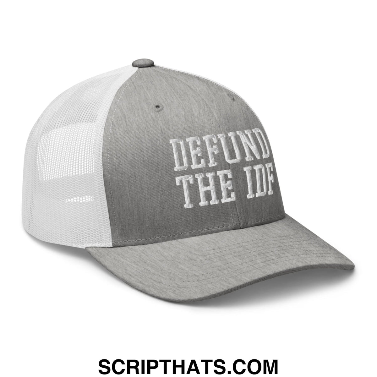 Gray and white mesh trucker hat with defund the idf embroidered in white on the front panel