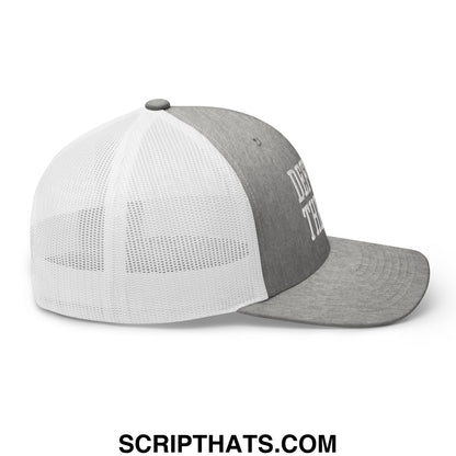 Gray and white defund the idf embroidered mesh trucker hat with a mesh back and front panel text embroidery