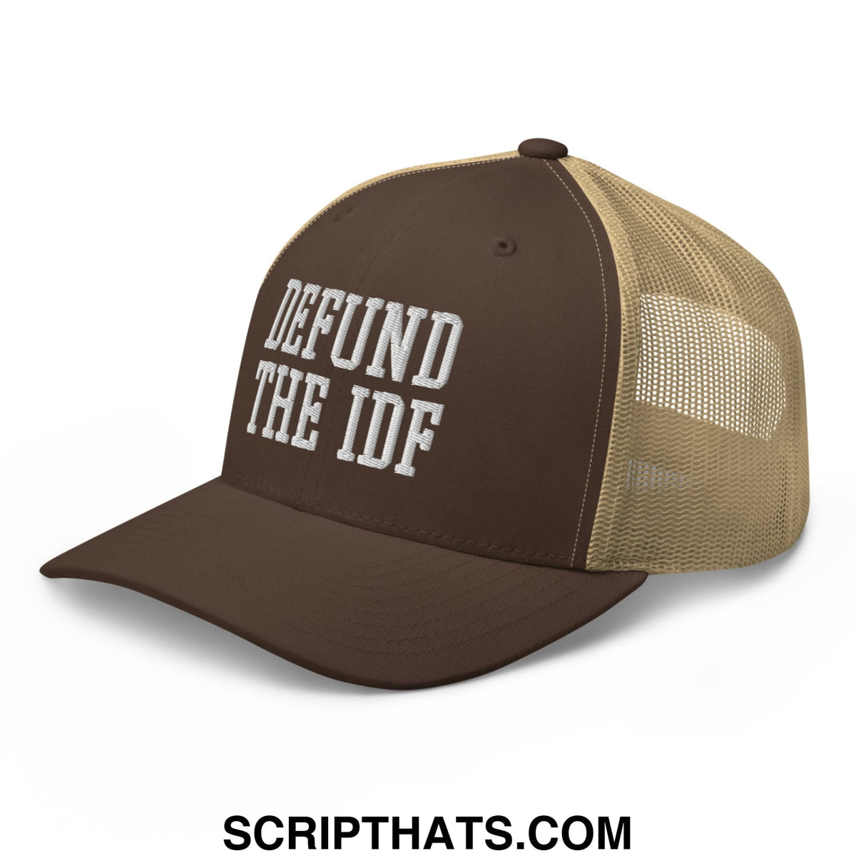 Brown and tan mesh trucker hat with defund the idf embroidered in white on the front panel