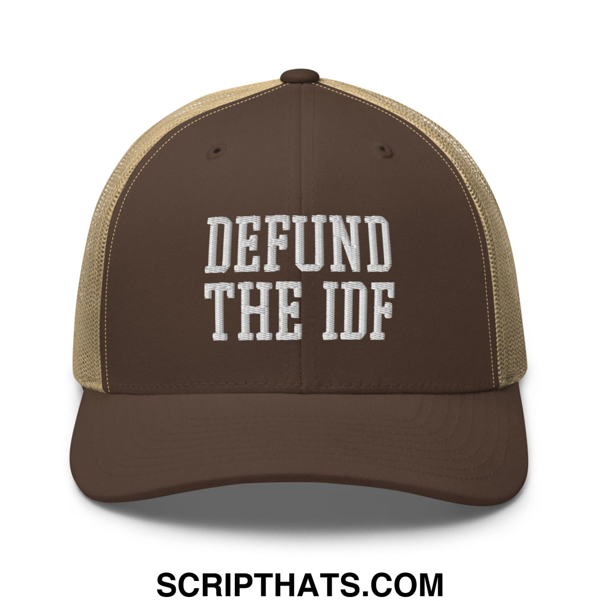 Brown and tan mesh trucker hat with white embroidered defund the idf text for casual wear