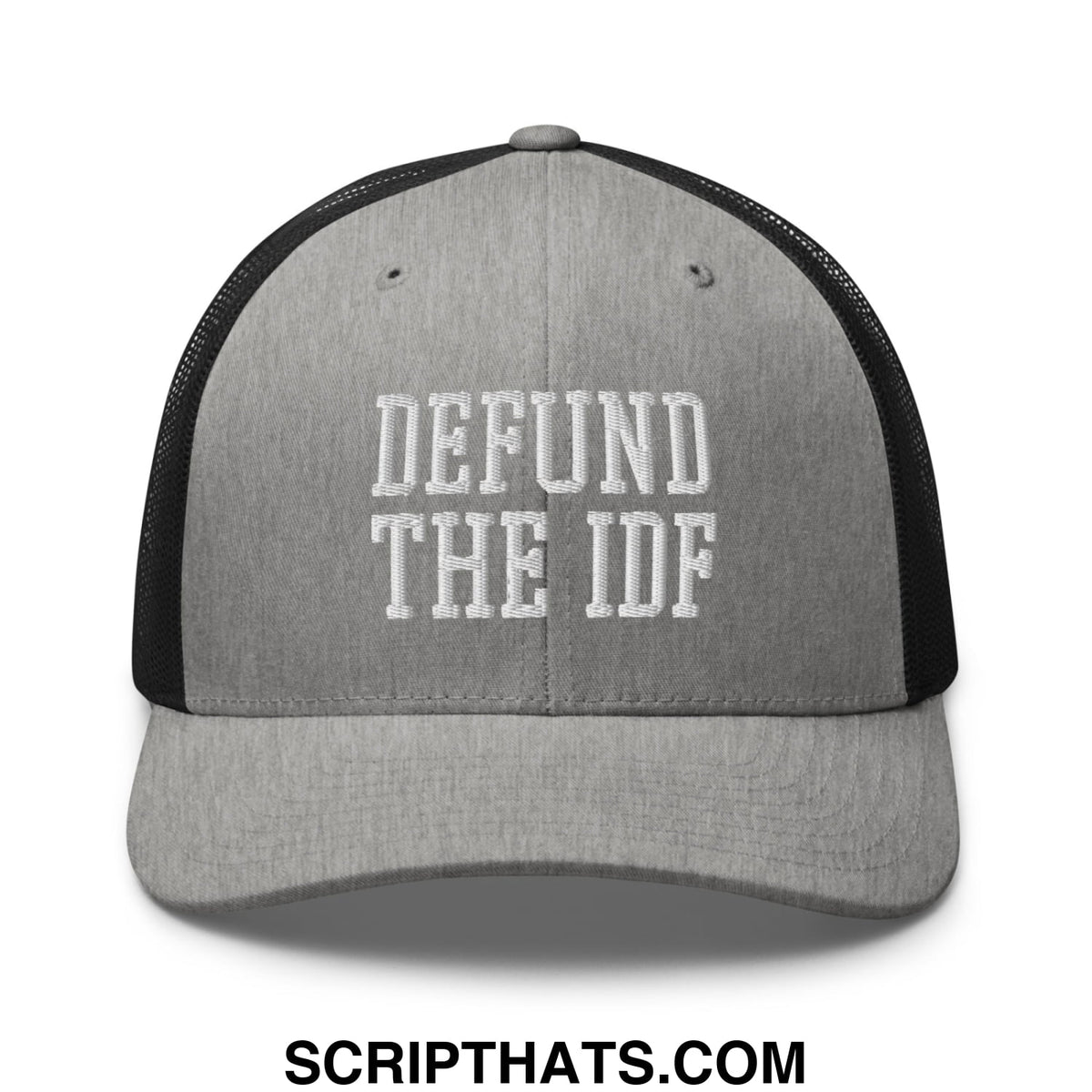 Gray and black mesh trucker hat with white embroidered defund the idf text on front panel