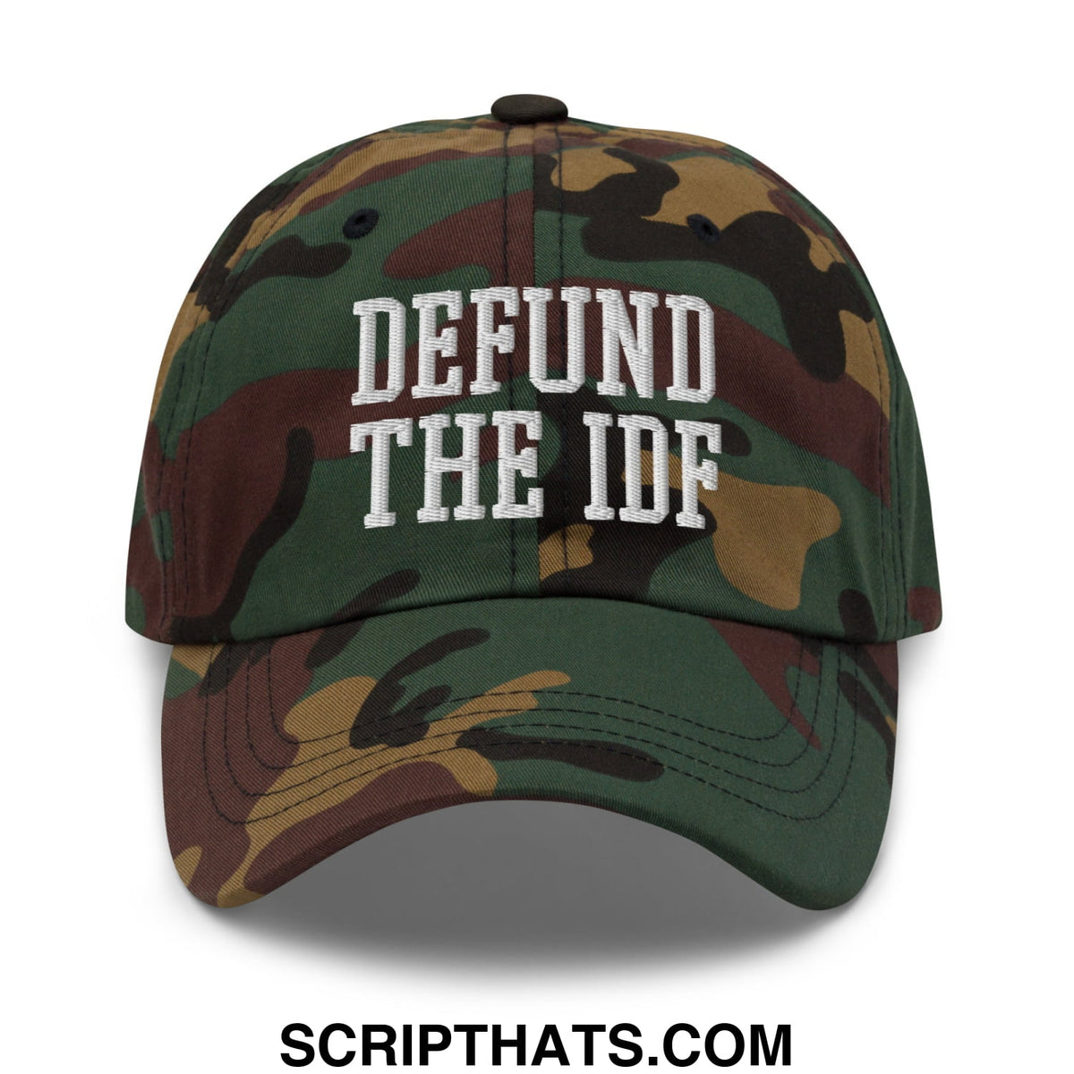 A camouflage embroidered unstructured dad hat with white text reading defund the idf across the front