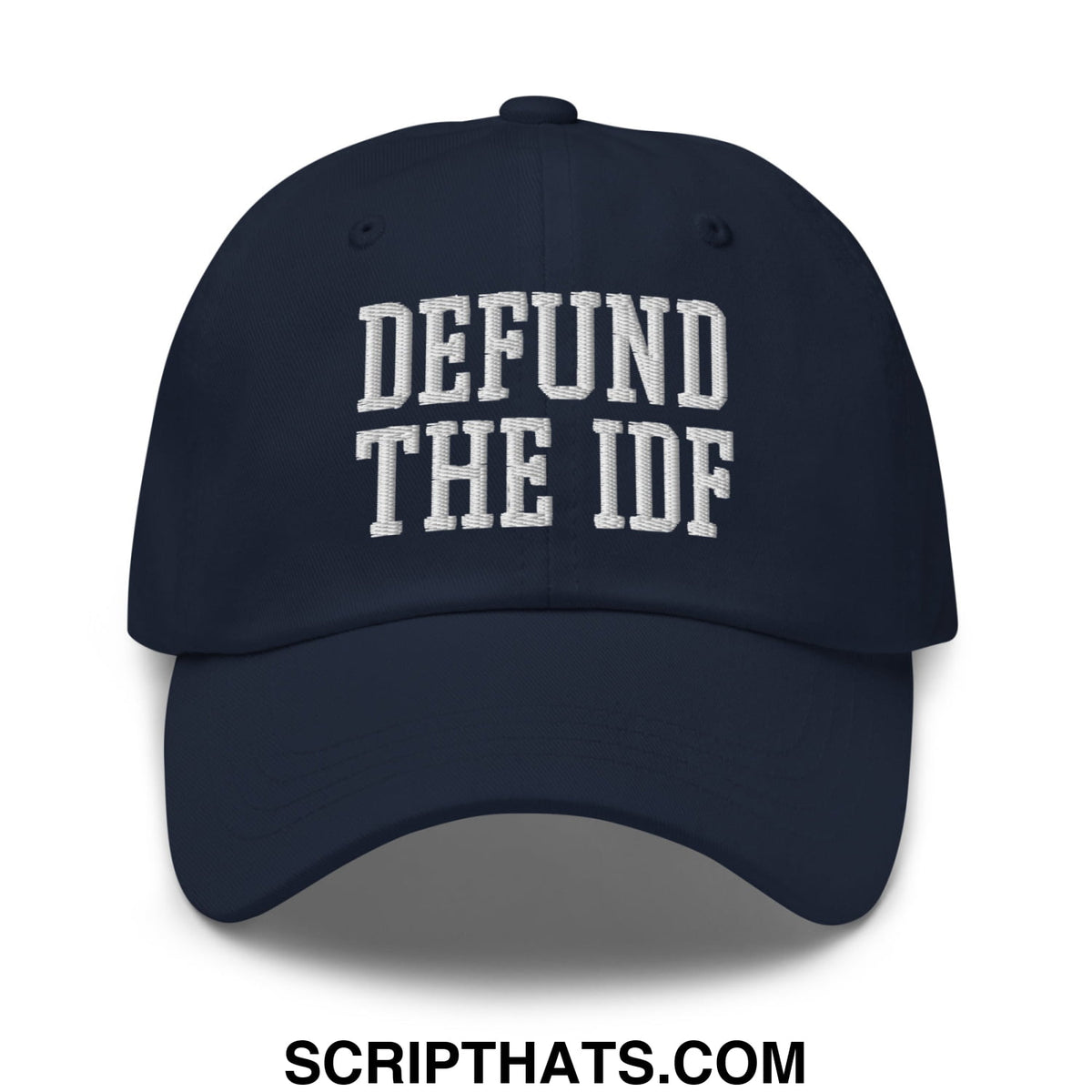 Navy blue unstructured dad hat with white embroidered defund the idf text for casual wear