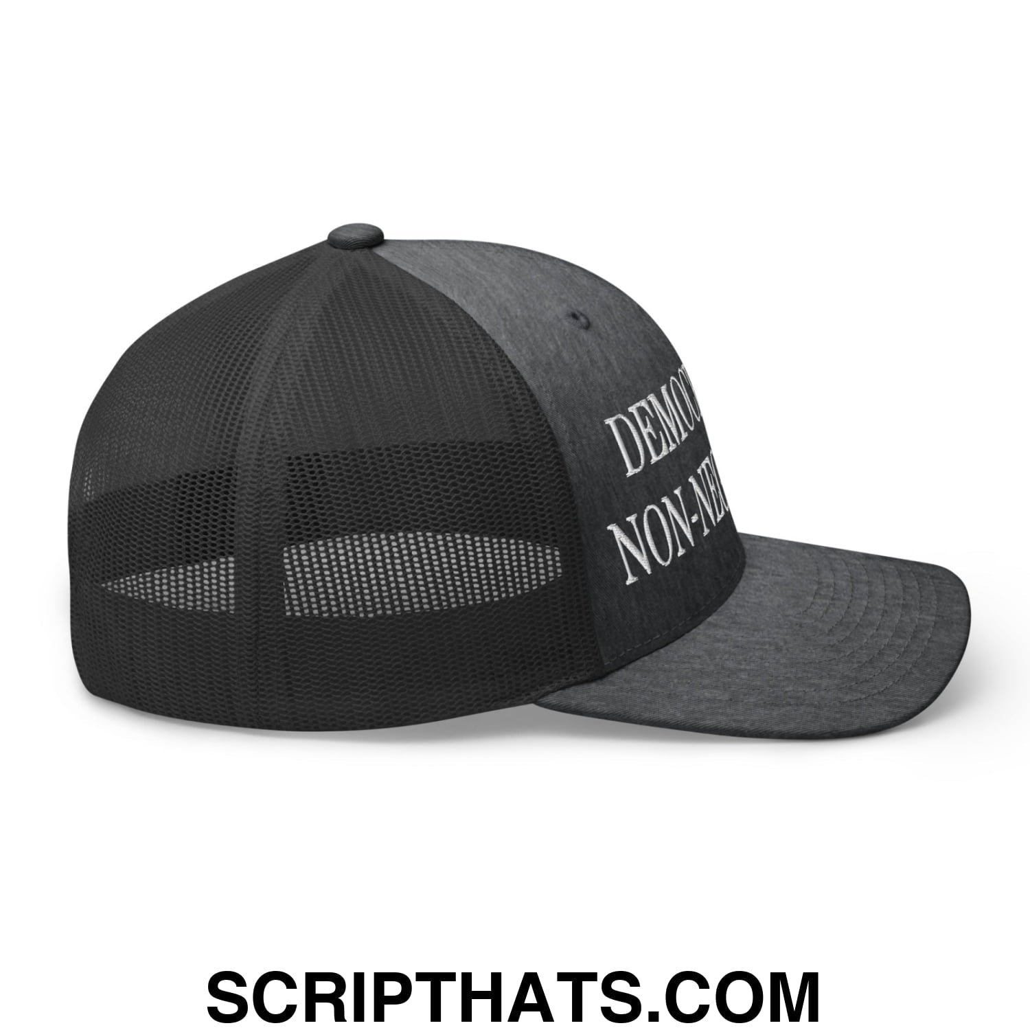 Democracy is Non-Negotiable Embroidered Mesh Trucker Hat Dark Heather Gray