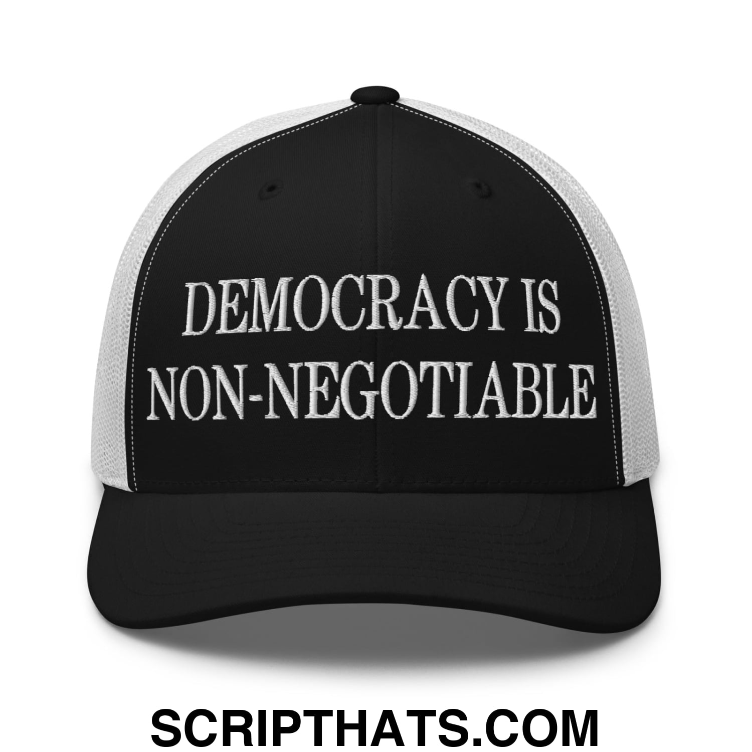 Democracy is Non-Negotiable Embroidered Mesh Trucker Hat Black White