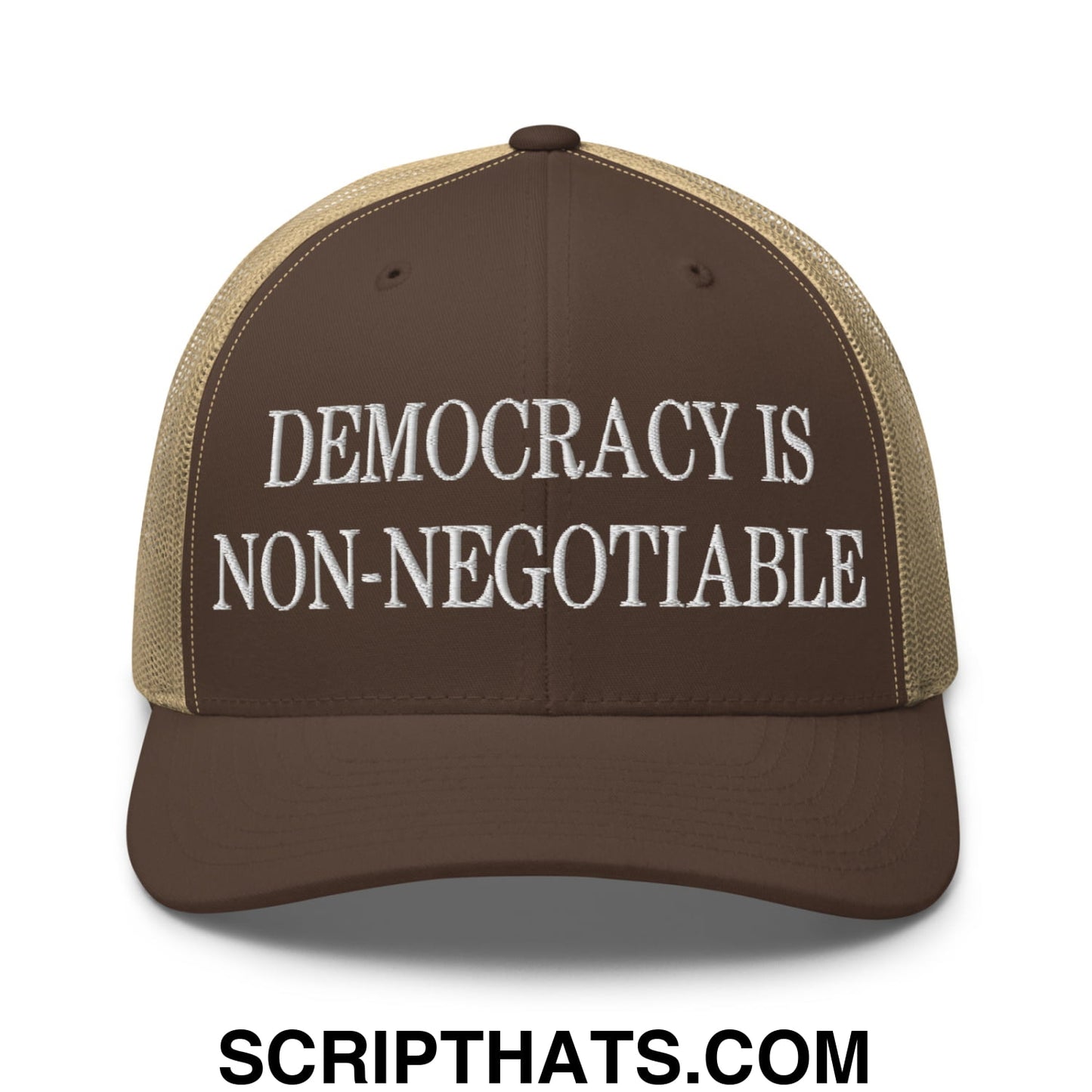 Democracy is Non-Negotiable Embroidered Mesh Trucker Hat Brown Khaki