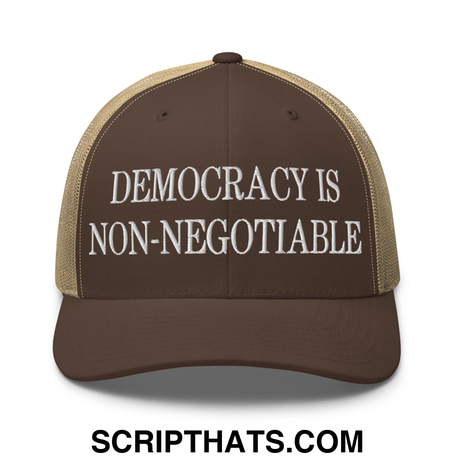 Democracy is Non-Negotiable Embroidered Mesh Trucker Hat Brown Khaki