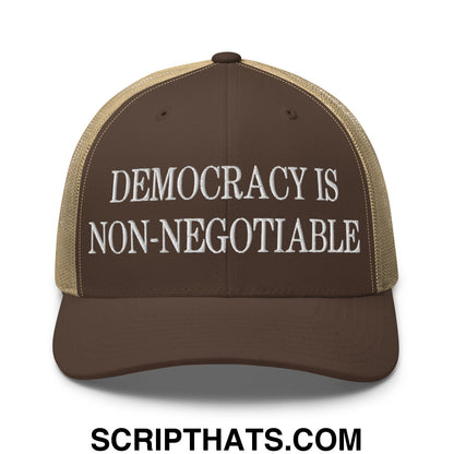 Democracy is Non-Negotiable Embroidered Mesh Trucker Hat Brown Khaki