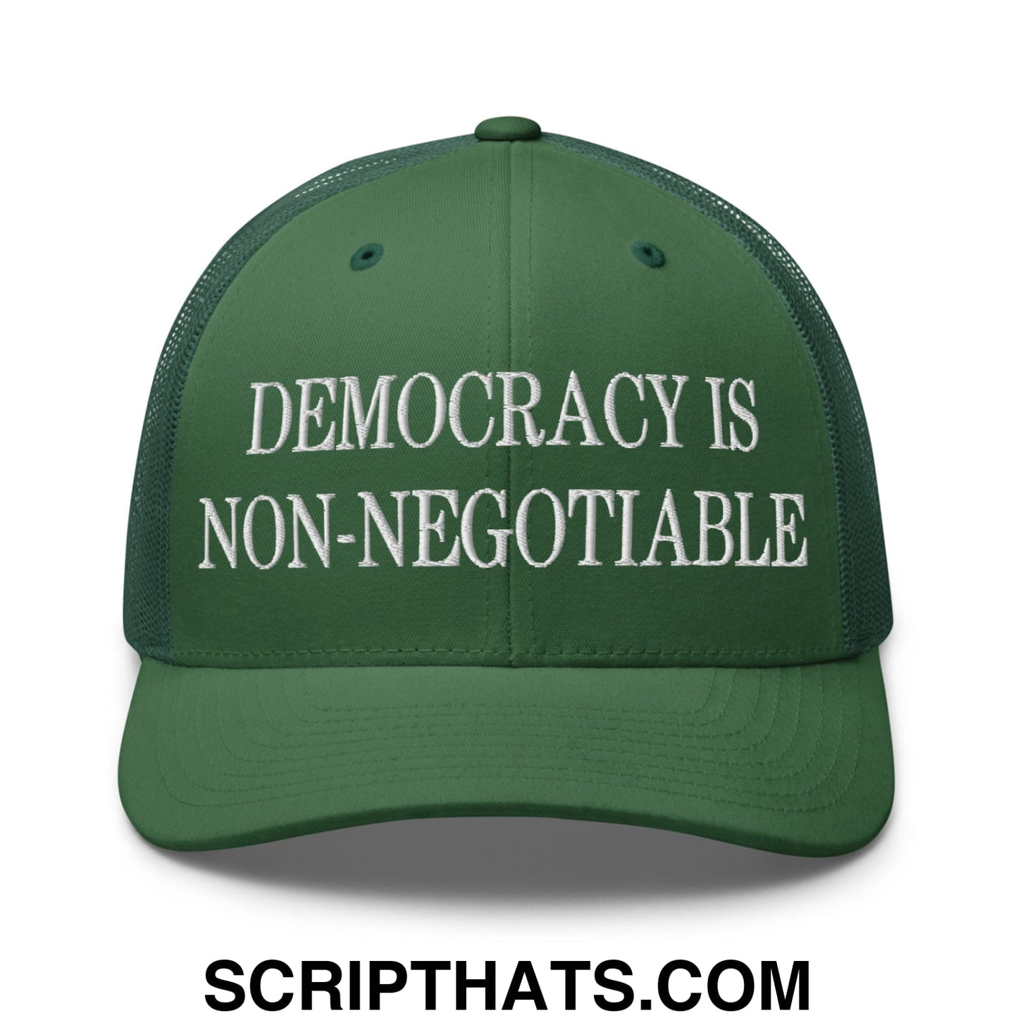 Democracy is Non-Negotiable Embroidered Mesh Trucker Hat Evergreen