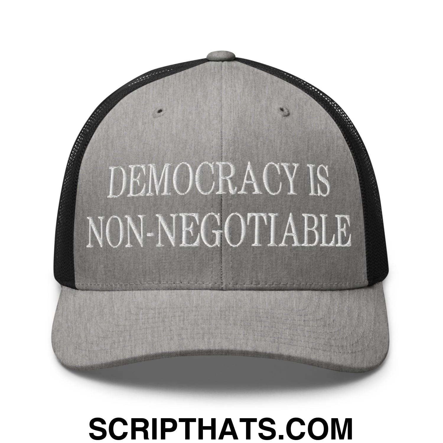 Democracy is Non-Negotiable Embroidered Mesh Trucker Hat Heather Black