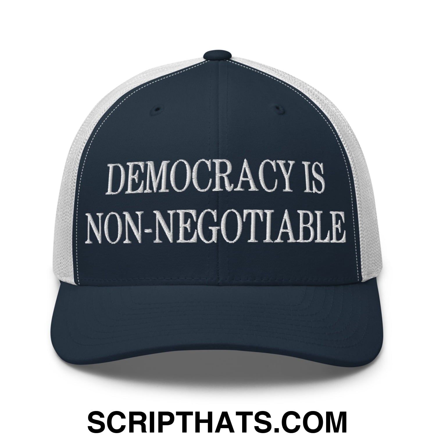 Democracy is Non-Negotiable Embroidered Mesh Trucker Hat Navy White