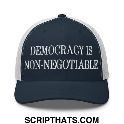 Democracy is Non-Negotiable Embroidered Mesh Trucker Hat Navy White