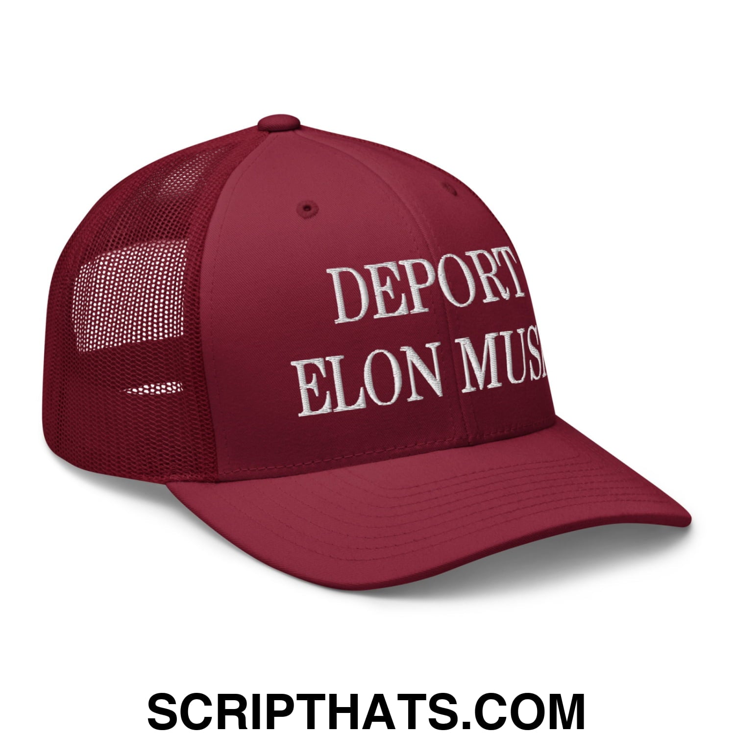 Deport Elon Musk Embroidered Mesh Trucker Hat Cranberry