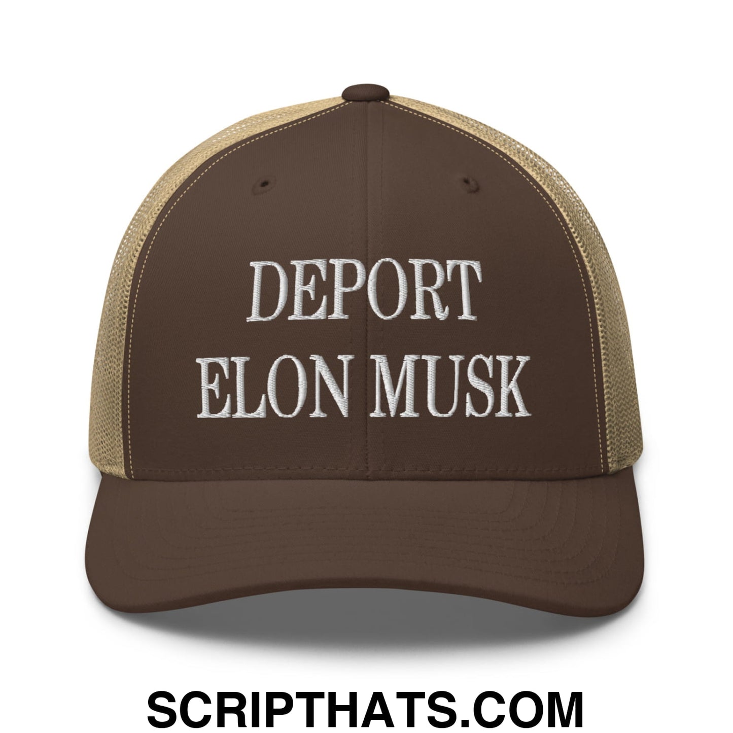 Deport Elon Musk Embroidered Mesh Trucker Hat Brown Khaki