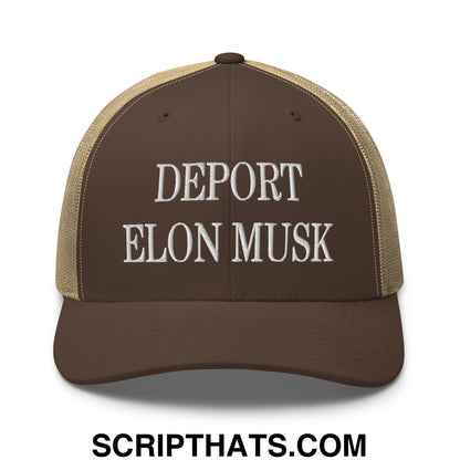Deport Elon Musk Embroidered Mesh Trucker Hat Brown Khaki