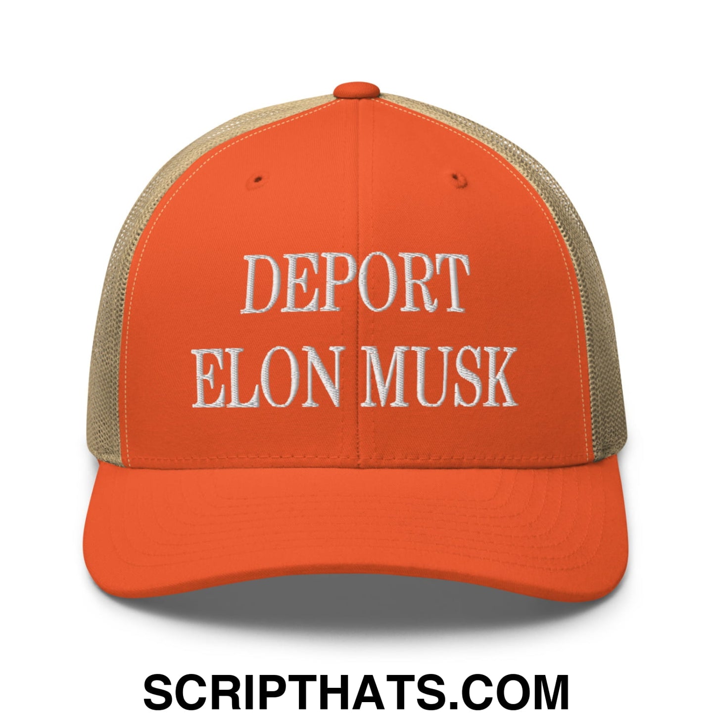 Deport Elon Musk Embroidered Mesh Trucker Hat Rustic Orange Khaki