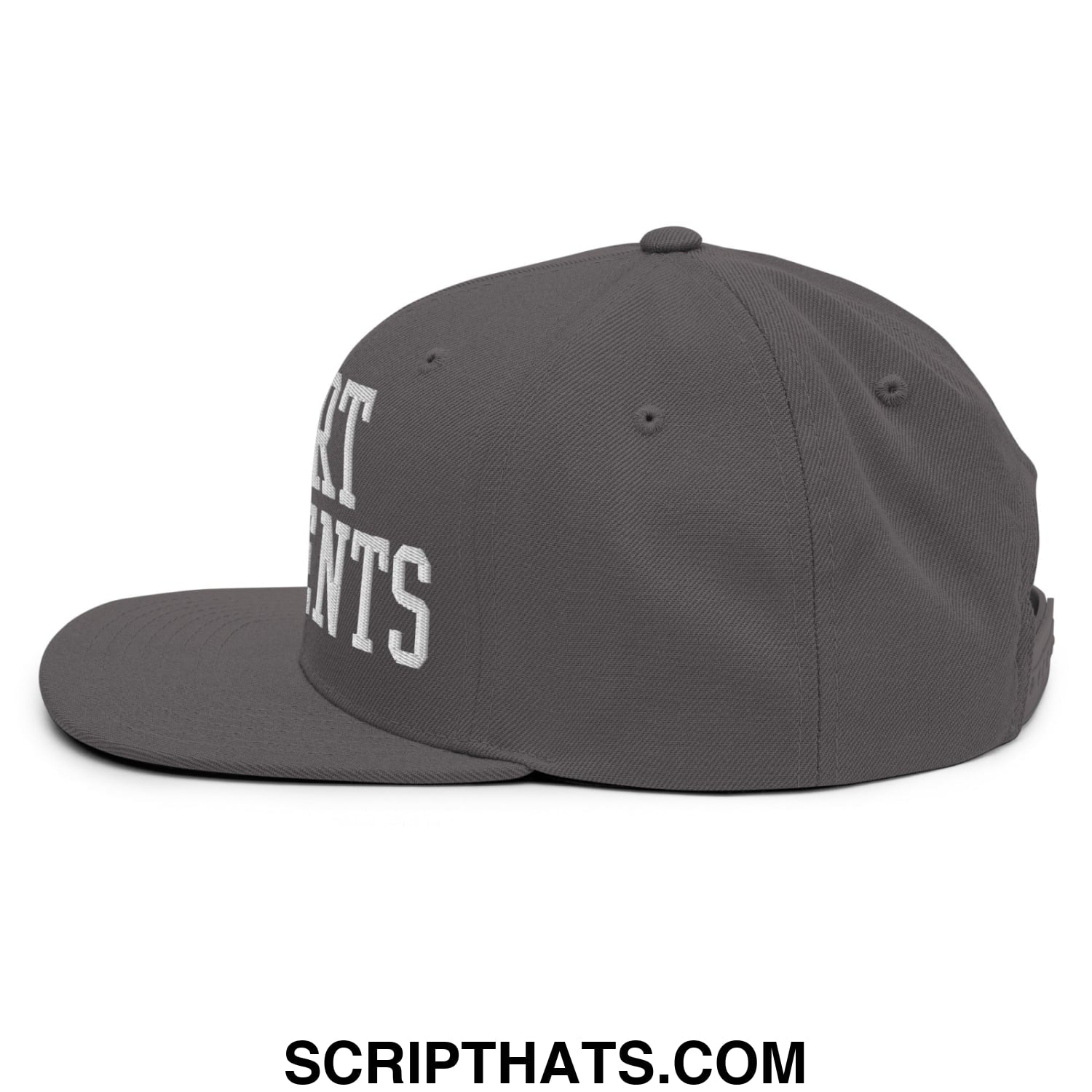 Dark gray flat bill brim snapback hat with white embroidered lettering on the side deport ice agents design