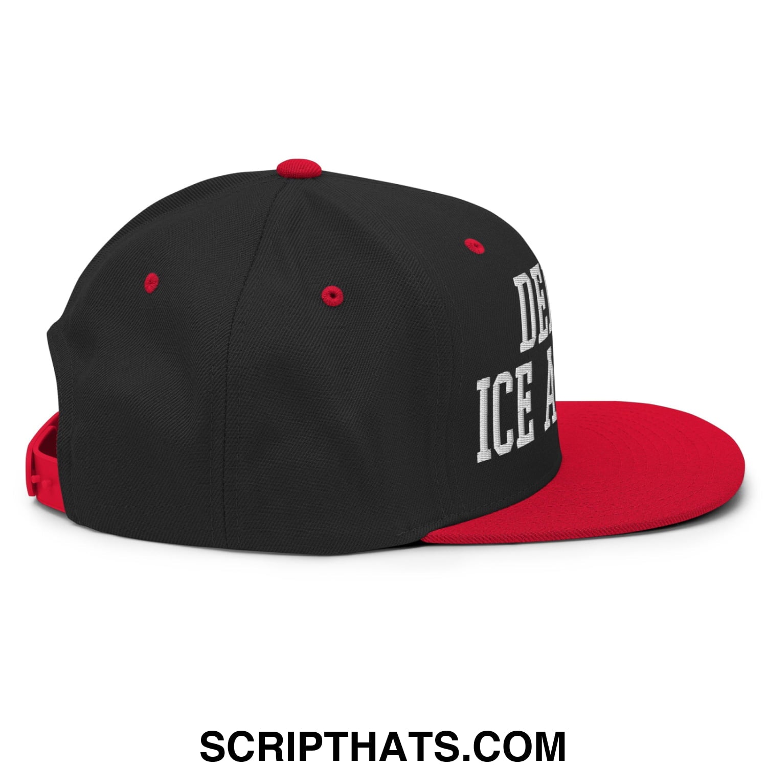 Black and red snapback hat with white embroidered deport ice agents text on flat bill brim side panel