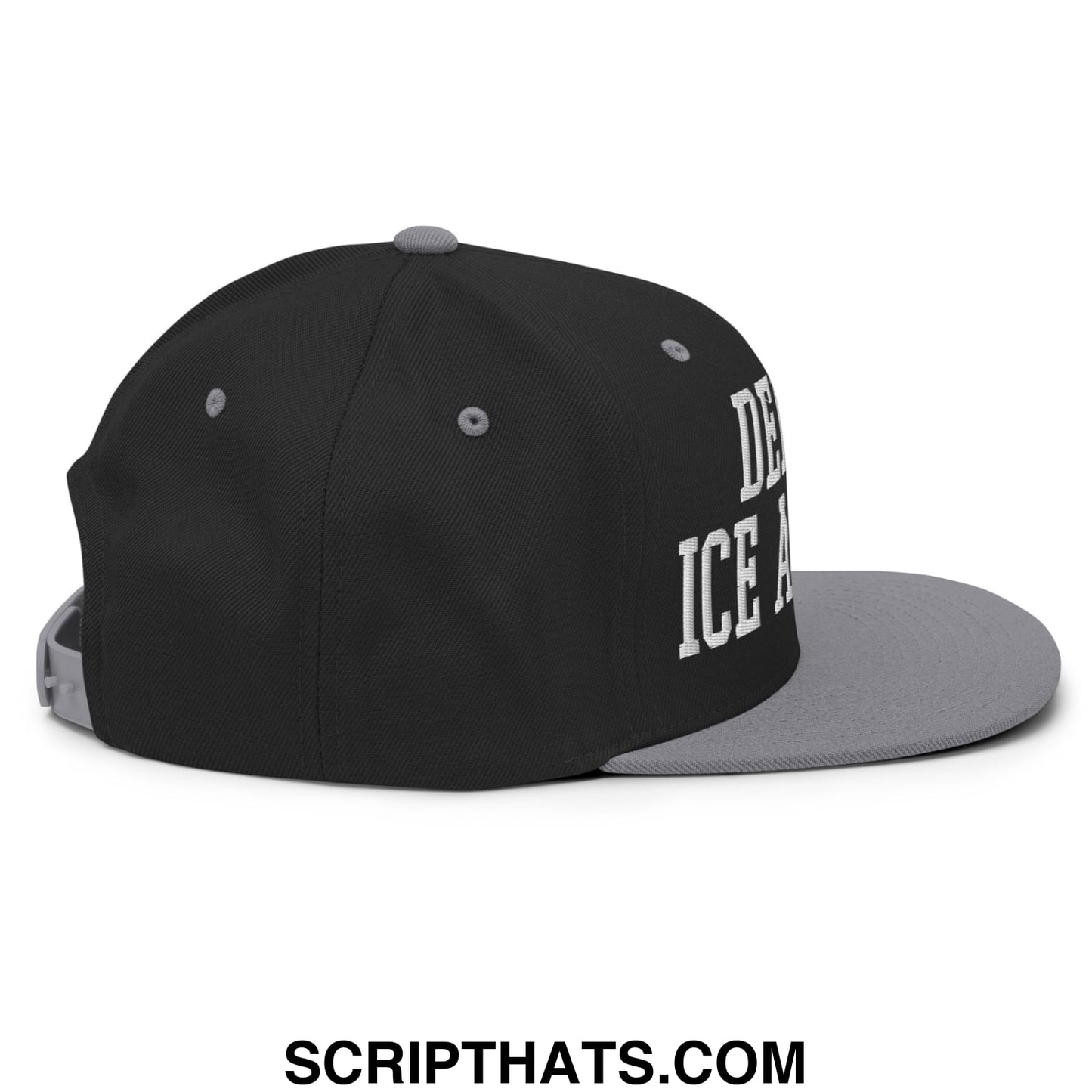 Black and gray snapback hat with white embroidered deport ice agents text on the side and flat bill brim