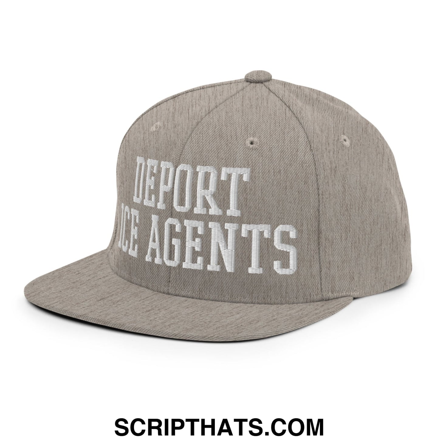 Gray snapback hat with white embroidered deport ICE agents text and flat bill brim for casual wear