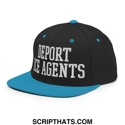 Black snapback cap with teal brim and button featuring white embroidered deport ice agents text flat bill brim