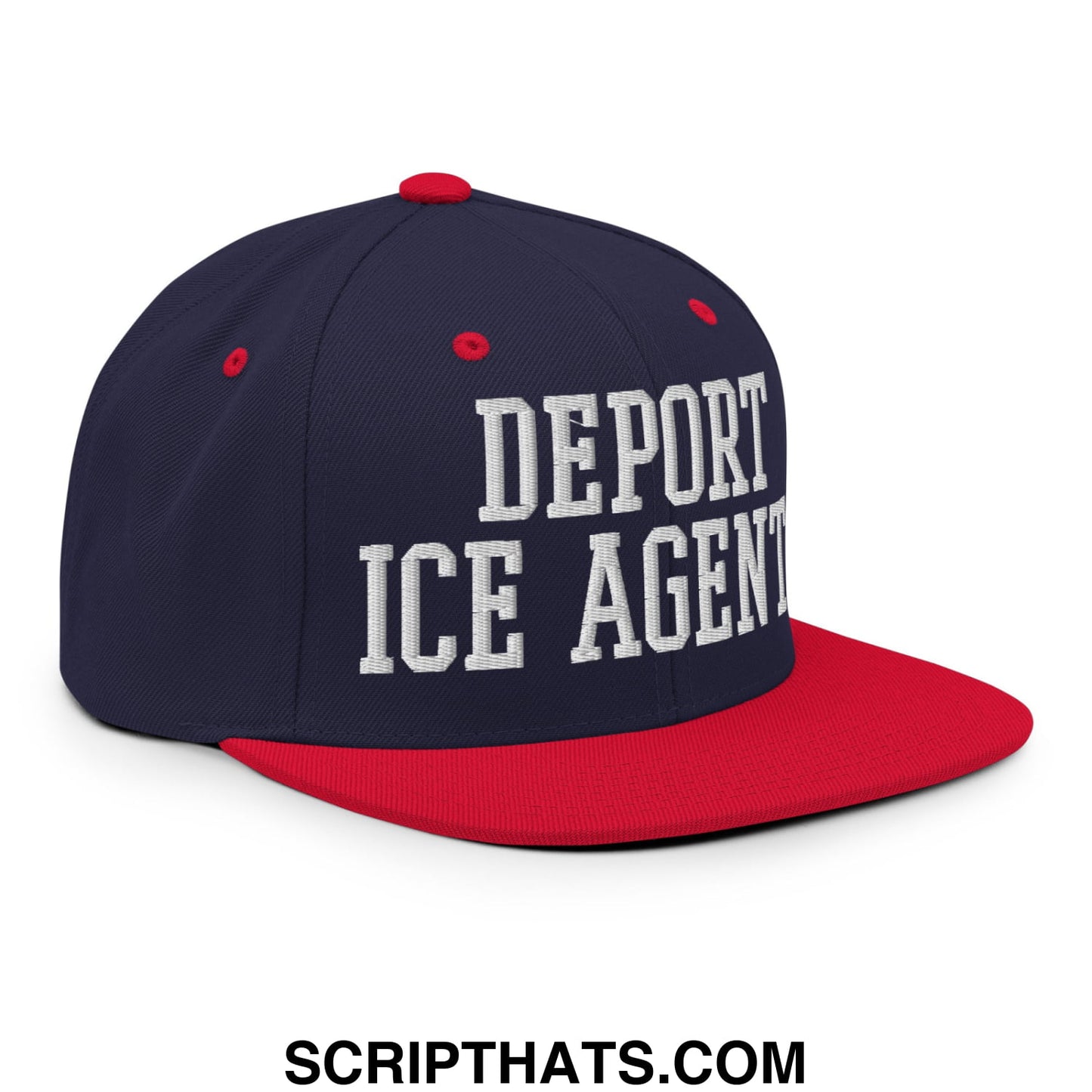 Navy blue and red flat bill snapback hat with white embroidered deport ice agent text