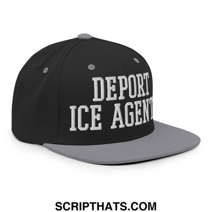 Black and gray snapback cap with white embroidered deport ice agent text and flat bill brim