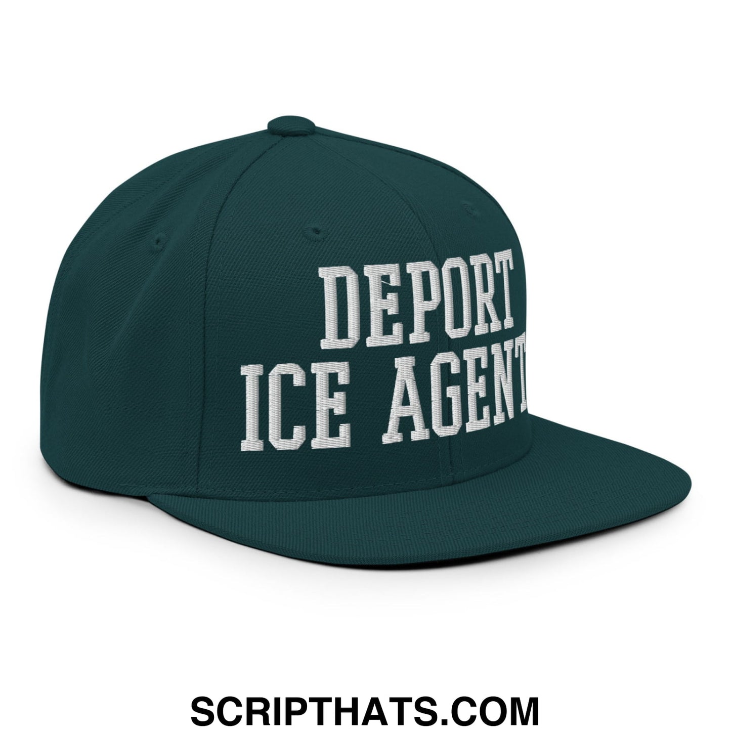 Dark green snapback cap with white embroidered deport ice agent text featuring a flat bill brim design