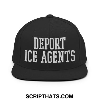 Black snapback hat with white embroidered deport ice agents text on flat bill brim for casual wear