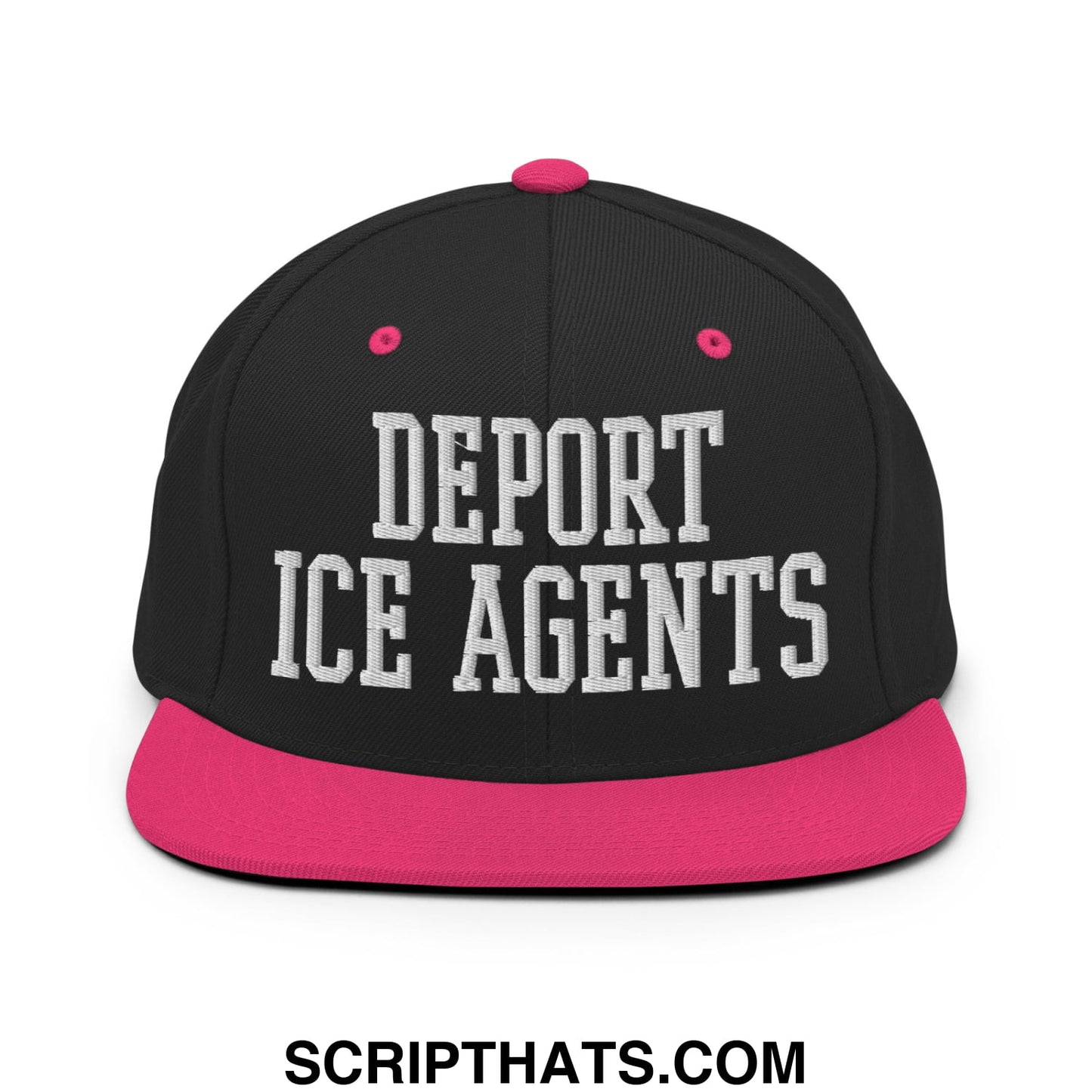 Black snapback cap with vibrant pink brim and button featuring bold white embroidered deport ice agents text