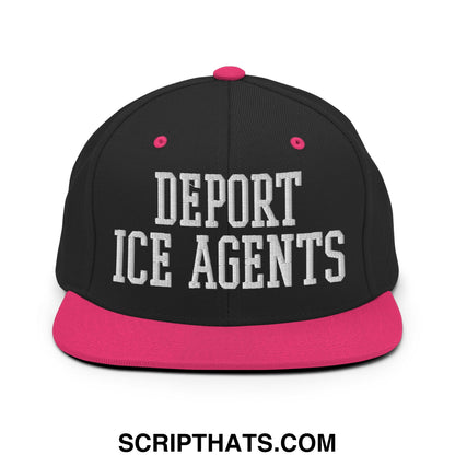 Black snapback cap with vibrant pink brim and button featuring bold white embroidered deport ice agents text