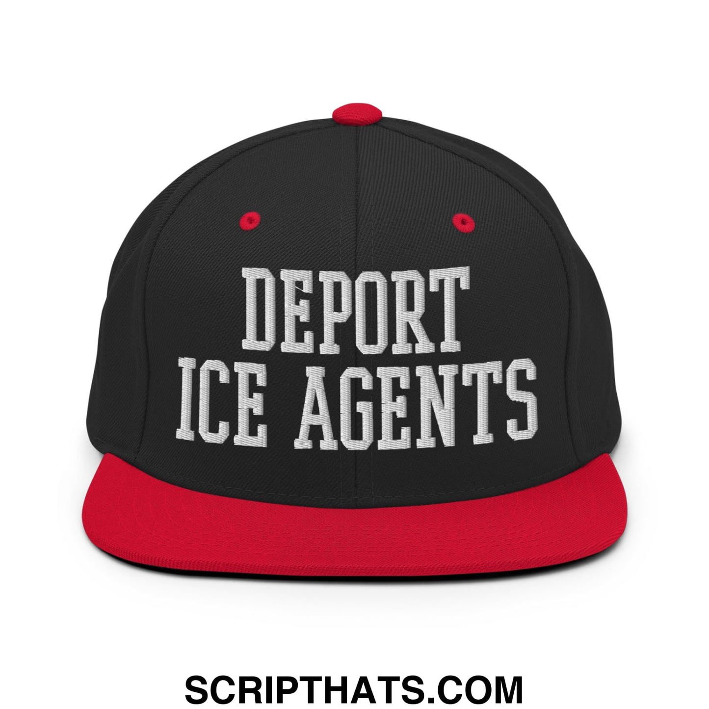 Black and red snapback hat with white embroidered deport ice agents text and flat bill brim