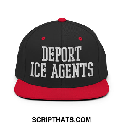 Black and red snapback hat with white embroidered deport ice agents text and flat bill brim