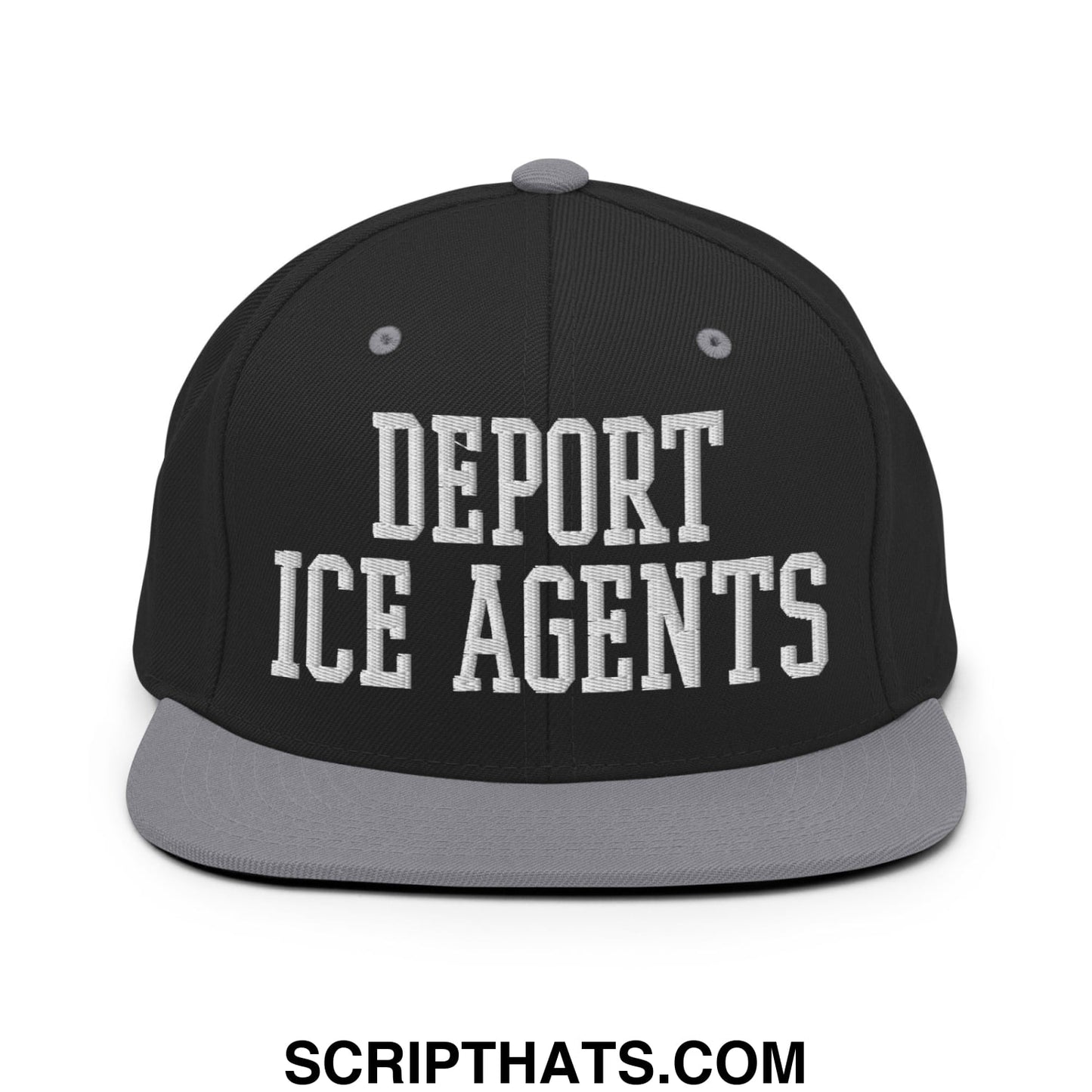 Black snapback hat with gray brim and white embroidered text deport ice agents in bold collegiate font