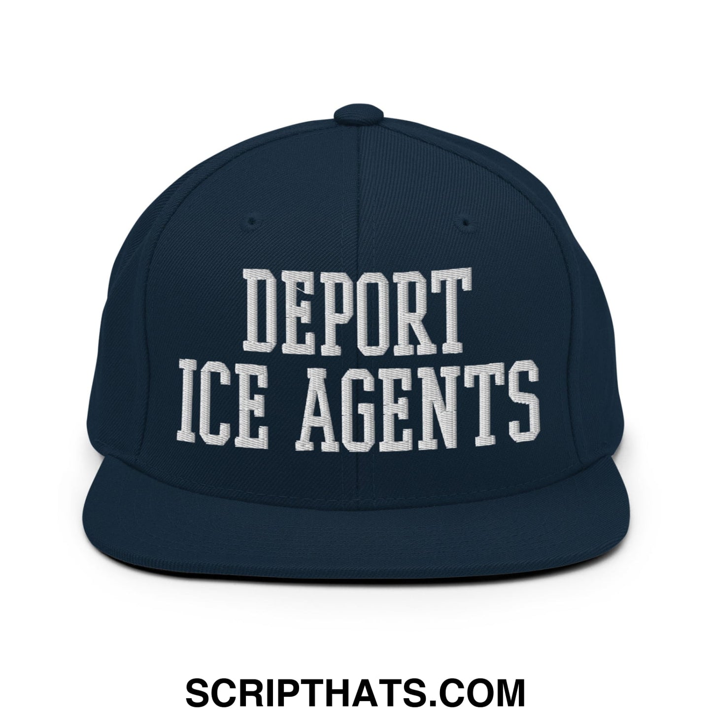 Navy blue snapback hat with white embroidered deport ice agents text in bold blocky font and flat bill brim